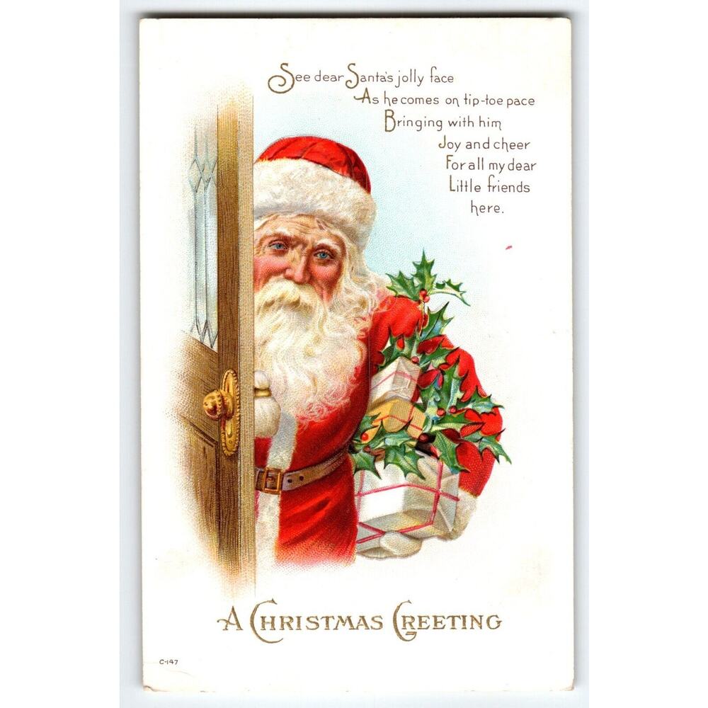 Santa Claus Christmas Postcard Saint Nick Holds Wrapped Gifts Henderson 1915